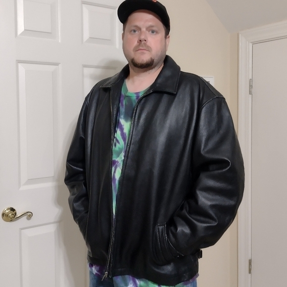 GAP Heavy Leather Jacket Mens XXL Black Zip Quilted Lining Bomber Biker Jacket - Picture 1 of 12